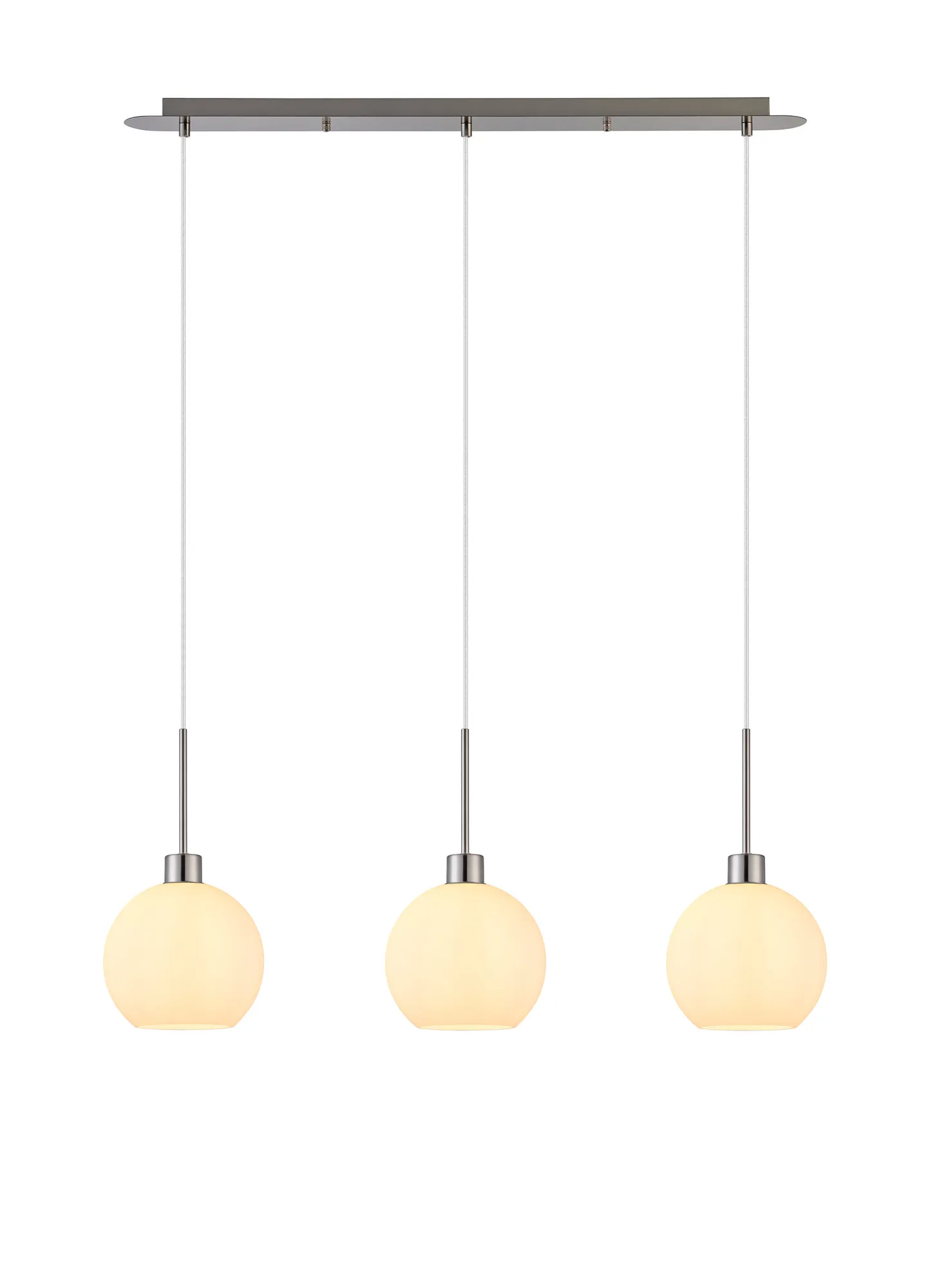 DK1394  Lori Linear Pendant, 3 Light Adjustable E27, Satin Nickel/Opal Open Mouth Round Globe Shades